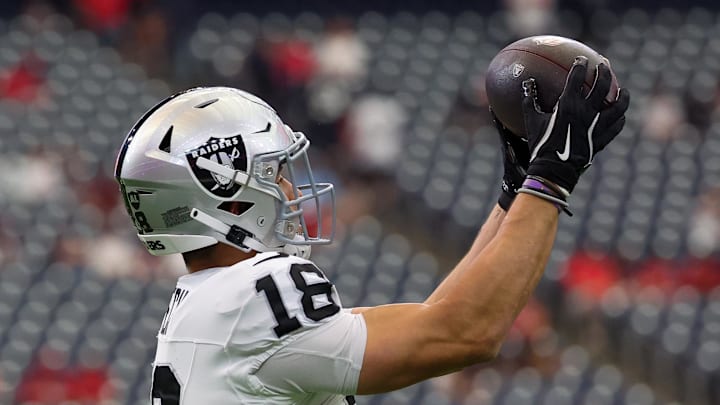 Dec 21, 2025; Houston, Texas, USA; Las Vegas Raiders wide receiver Jack Bech (18) before playing against the Houston Texans at NRG Stadium. Mandatory Credit: Thomas Shea-Imagn Images