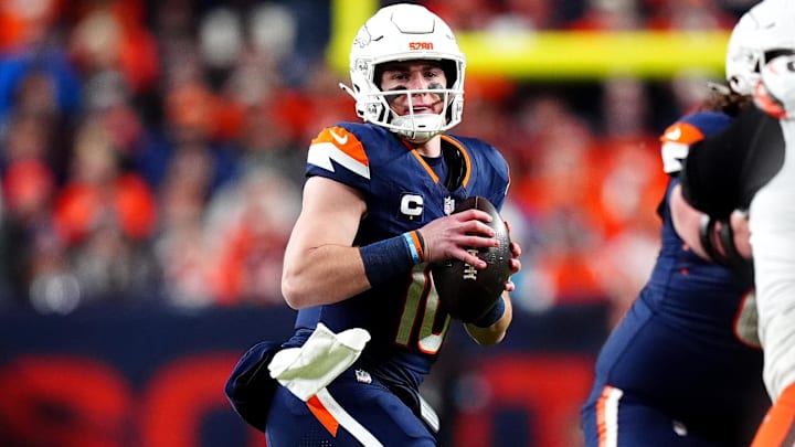 Dec 2, 2024; Denver, Colorado, USA; Denver Broncos quarterback Bo Nix (10) drops back to pass the ball in the first quarter against the Cleveland Browns at Empower Field at Mile High. 