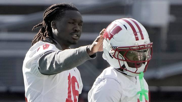Wisconsin wide receivers Malachi Coleman (16) and Keeyshawn Tabuteau (14). Wisconsin wide receivers Malachi Coleman (16) and Keeyshawn Tabuteau (14).