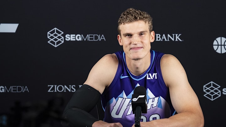 Sep 30, 2024; Salt Lake City, USA; Utah Jazz forward Lauri Markkanen (23) talks to the media during media day at Zions Bank Basketball Campus. Mandatory Credit: Utah Jazz via Imagn Images
