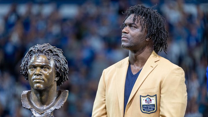 Sep 19, 2021; Indianapolis, Indiana, USA;  Indianapolis Colts running back Edgerrin James receives his hall of fame rings at halftime of the game between the Indianapolis Colts and the Los Angeles Rams at Lucas Oil Stadium. 