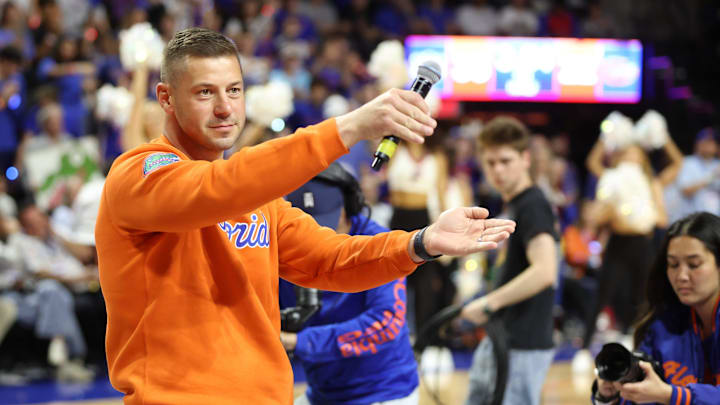 New Gator head football coach Jon Sumrall fires up the crowd during the first half an NCAA basketball game at Steven C. O'Connell Center Exactek arena in Gainesville, FL on Saturday, January 24, 2026. Students, who get in free, have a limited number of seats so many camp out overnight. [Alan Youngblood/Gainesville Sun]
