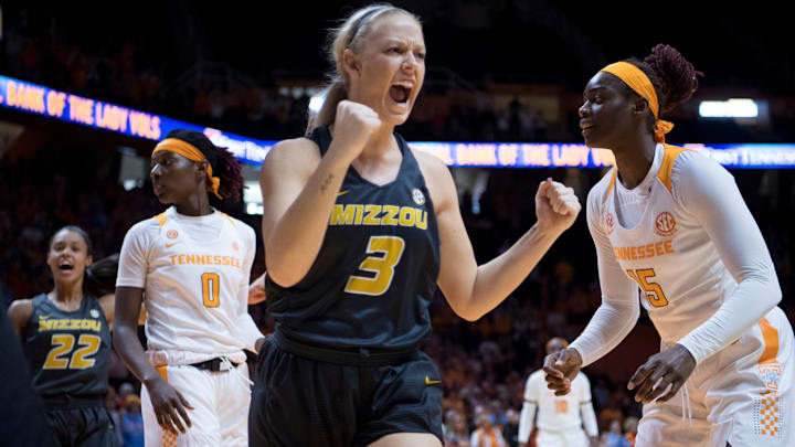 Missouri's Sophie Cunningham (3) celebrates after getting a turnover against Tennessee on Sunday, January 6, 2019.

Kns Ladymissouri 0107