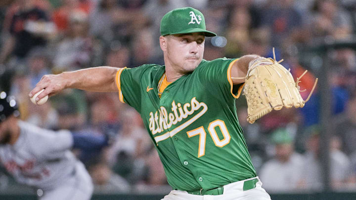 Aug 25, 2025; West Sacramento, California, USA; Athletics pitcher J.T. Ginn (70) throws a pitch against the Detroit Tigers during the sixth inning at Sutter Health Park. Mandatory Credit: Ed Szczepanski-Imagn Images Aug 25, 2025; West Sacramento, California, USA; Athletics pitcher J.T. Ginn (70) throws a pitch against the Detroit Tigers during the sixth inning at Sutter Health Park. Mandatory Credit: Ed Szczepanski-Imagn Images