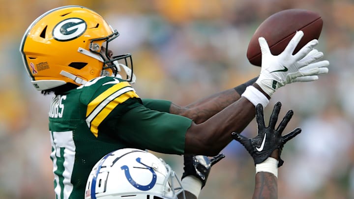 Green Bay Packers wide receiver Romeo Doubs catches a pass against Indianapolis Colts cornerback Jaylon Jones on Sept. 15.