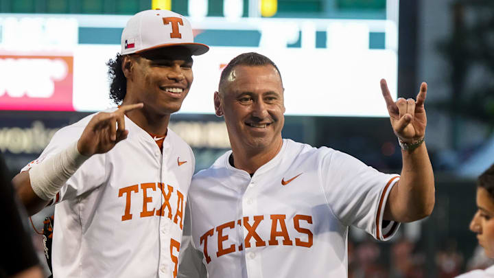 Texas Longhorns head football coach Steve Sarkisian takes a photo with pitcher Jonah Williams (55) ahead of the Lone Star Showdown against Texas A&M at UFCU Disch-Falk Field on Friday, April 25, 2025.