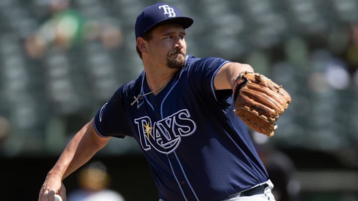 Aug 22, 2024; Oakland, California, USA; Tampa Bay Rays pitcher Joel Kuhnel (67) delivers a pitch against the Oakland Athletics during the seventh inning at Oakland-Alameda County Coliseum. Mandatory Credit: D. Ross Cameron-Imagn Images Aug 22, 2024; Oakland, California, USA; Tampa Bay Rays pitcher Joel Kuhnel (67) delivers a pitch against the Oakland Athletics during the seventh inning at Oakland-Alameda County Coliseum. Mandatory Credit: D. Ross Cameron-Imagn Images