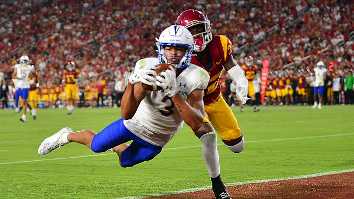 San Jose State Spartans wide receiver Nick Nash (3) catches a touchdown pass in front of Southern California Trojans cornerback Ceyair Wright (22) during the second half at Los Angeles Memorial Coliseum. San Jose State Spartans wide receiver Nick Nash (3) catches a touchdown pass in front of Southern California Trojans cornerback Ceyair Wright (22) during the second half at Los Angeles Memorial Coliseum.