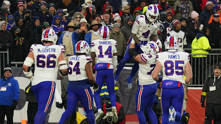Buffalo Bills running back James Cook III is congratulated after his touchdown against the New England Patriots in the second half at Gillette Stadium. Buffalo Bills running back James Cook III is congratulated after his touchdown against the New England Patriots in the second half at Gillette Stadium.