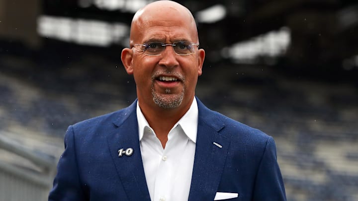 Sep 6, 2025; University Park, Pennsylvania, USA; Penn State Nittany Lions head coach James Franklin walks around the field prior to the game against the Florida International Panthers at Beaver Stadium. Mandatory Credit: Matthew O'Haren-Imagn Images