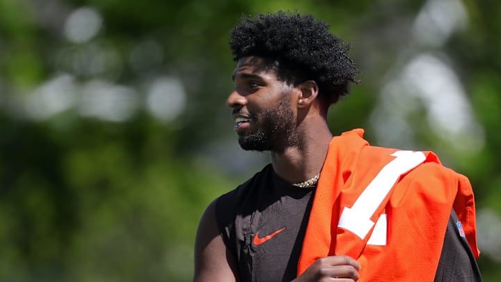 Cleveland Browns quarterback Shedeur Sanders (12) heads off the field after the first day of NFL rookie minicamp at the Cleveland Browns training facility on Friday, May 9, 2025, in Berea, Ohio.