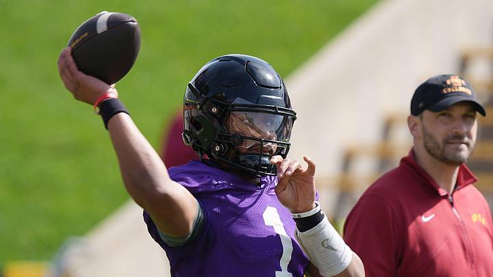 Iowa State quarterback Jaylen Raynor (1) throws a pass during warmup before spring football at Jack Trice Stadium on April 25, 2026, in Ames, Iowa Iowa State quarterback Jaylen Raynor (1) throws a pass during warmup before spring football at Jack Trice Stadium on April 25, 2026, in Ames, Iowa