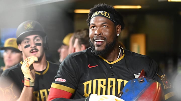 Apr 17, 2026; Pittsburgh, Pennsylvania, USA;  Pittsburgh Pirates center fielder Oneil Cruz (fronT) celebrates after hitting a two-run home run and scoring Konnor Griffin against the Tampa Bay Rays during the sixth inning at PNC Park. Mandatory Credit: Philip G. Pavely-Imagn Images