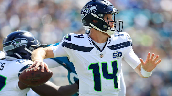 Seattle Seahawks quarterback Sam Darnold (14) looks to pass during the second quarter of an NFL football matchup, Sunday, Oct. 12, 2025, at EverBank Stadium in Jacksonville, Fla. The Seahawks defeated the Jaguars 20-12.