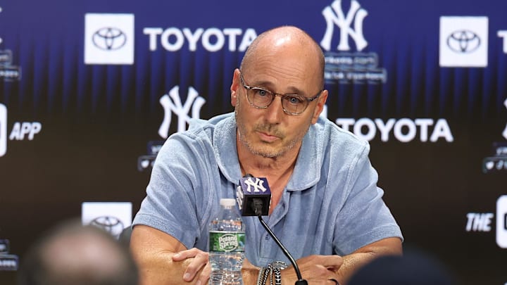 Aug 23, 2023; Bronx, New York, USA; New York Yankees general manager Brian Cashman talks with the media before the game between the Yankees and the Washington Nationals at Yankee Stadium. Mandatory Credit: Vincent Carchietta-Imagn Images Aug 23, 2023; Bronx, New York, USA; New York Yankees general manager Brian Cashman talks with the media before the game between the Yankees and the Washington Nationals at Yankee Stadium. Mandatory Credit: Vincent Carchietta-Imagn Images