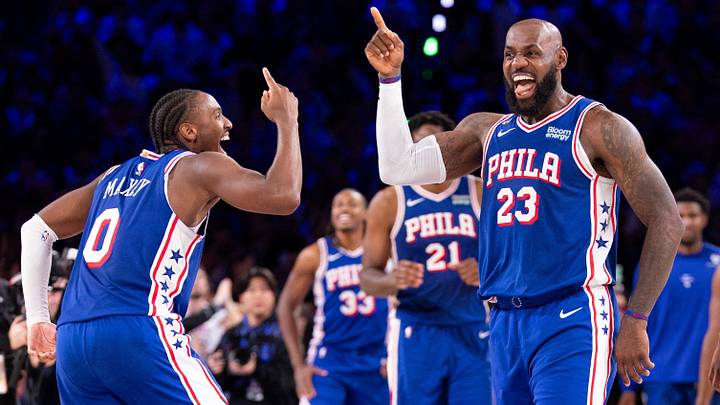Philadelphia 76ers forward LeBron James (23) and Tyrese Maxey celebrate (Mandatory Credit: Bill Streicher-Imagn Images     TPX IMAGES OF THE DAY)