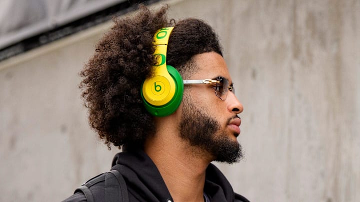 Oregon quarterback Dante Moore arrives at the field as the Oregon Ducks take on the Washington Huskies on Nov. 29, 2025, at Husky Stadium in Seattle, Washington.