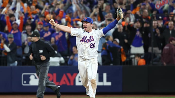 Oct 9, 2024; New York, New York, USA; New York Mets first baseman Pete Alonso (20) celebrates after defeating the Philadelphia Phillies in Game 4 of the NLDS for the 2024 MLB Playoffs at Citi Field.