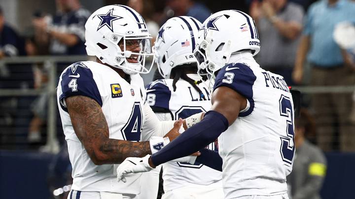 Dallas Cowboys QB Dak Prescott and WR George Pickens celebrate after a touchdown against the Washington Commanders. Dallas Cowboys QB Dak Prescott and WR George Pickens celebrate after a touchdown against the Washington Commanders.