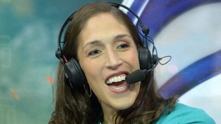 Jul 7, 2012; Los Angeles, CA, USA; ESPN color analyst Rebecca Lobo during the WNBA game between the Seattle Storm and the Los Angeles Sparks at the Staples Center. Mandatory Credit: Kirby Lee/Image of Sport-Imagn Images