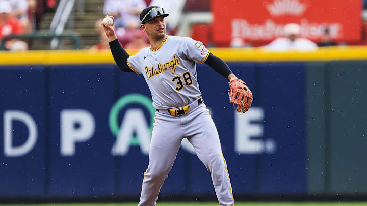 Sep 25, 2025; Cincinnati, Ohio, USA; Pittsburgh Pirates second baseman Nick Yorke (38) throws to first to get Cincinnati Reds shortstop Elly De La Cruz (not pictured) out in the second inning at Great American Ball Park. Mandatory Credit: Katie Stratman-Imagn Images Sep 25, 2025; Cincinnati, Ohio, USA; Pittsburgh Pirates second baseman Nick Yorke (38) throws to first to get Cincinnati Reds shortstop Elly De La Cruz (not pictured) out in the second inning at Great American Ball Park. Mandatory Credit: Katie Stratman-Imagn Images