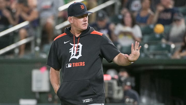 Aug 25, 2025; West Sacramento, California, USA; Detroit Tigers manager A.J. Hinch (14) motions to the home plate umpire during a mound visit in the fourth inning of the game against the Athletics at Sutter Health Park. 