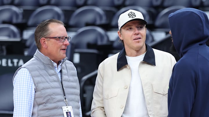 Nov 10, 2025; Salt Lake City, Utah, USA; Utah Jazz general manager, left, Jazz owner Ryan Smith, middle speak with Minnesota Timberwolves guard Mike Conley, right, before the game at Delta Center. Mandatory Credit: Rob Gray-Imagn Images Nov 10, 2025; Salt Lake City, Utah, USA; Utah Jazz general manager, left, Jazz owner Ryan Smith, middle speak with Minnesota Timberwolves guard Mike Conley, right, before the game at Delta Center. Mandatory Credit: Rob Gray-Imagn Images