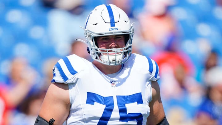 Aug 13, 2022; Orchard Park, New York, USA; Indianapolis Colts guard Will Fries (75) prior to the game against the Buffalo Bills at Highmark Stadium. Mandatory Credit: Gregory Fisher-USA TODAY Sports