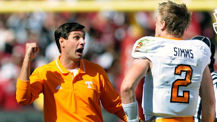 Tennessee head coach Derek Dooley was not pleased with quarterback Matt Simms (2) during the first half Saturday, Oct. 30, 2010 against the South Carolina Gamecocks in Williams-Brice Stadium in Columbia, S.C.

Utsc14 Mp 13984