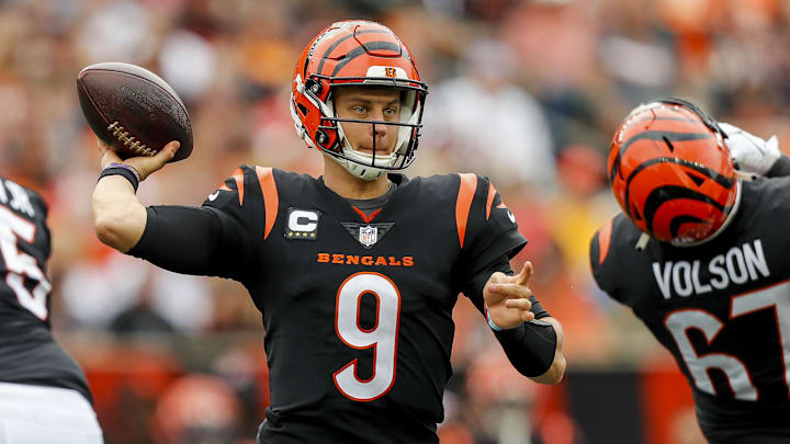 Sep 17, 2023; Cincinnati, Ohio, USA; Cincinnati Bengals quarterback Joe Burrow (9) throws a pass against the Baltimore Ravens in the second half at Paycor Stadium. Mandatory Credit: Katie Stratman-Imagn Images