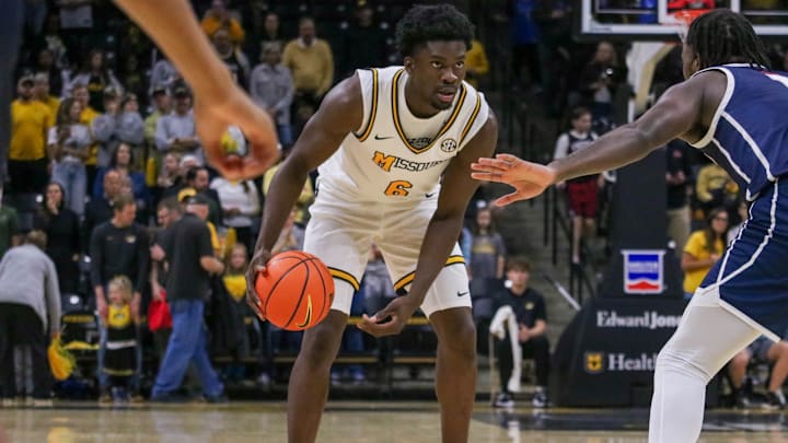 Nov. 8, 2024; Columbia, Missouri, USA; Missouri Tigers guard Annor Boateng (6) dribbles the ball against the Howard Bison.