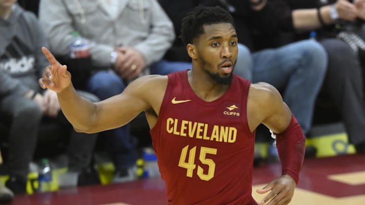 Apr 12, 2024; Cleveland, Ohio, USA; Cleveland Cavaliers guard Donovan Mitchell (45)