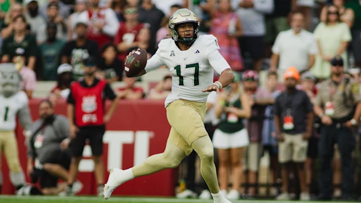 Sep 7, 2024; Tuscaloosa, Alabama, USA; South Florida Bulls quarterback Byrum Brown (17) prepares to throw against the Alabama Crimson Tide during the first quarter at Bryant-Denny Stadium. Mandatory Credit: William McLelland-Imagn Images