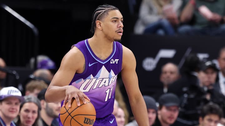 Mar 2, 2025; Salt Lake City, Utah, USA; Utah Jazz guard Jaden Springer (44) looks for a play against the New Orleans Pelicans during the second half at Delta Center. Mandatory Credit: Rob Gray-Imagn Images