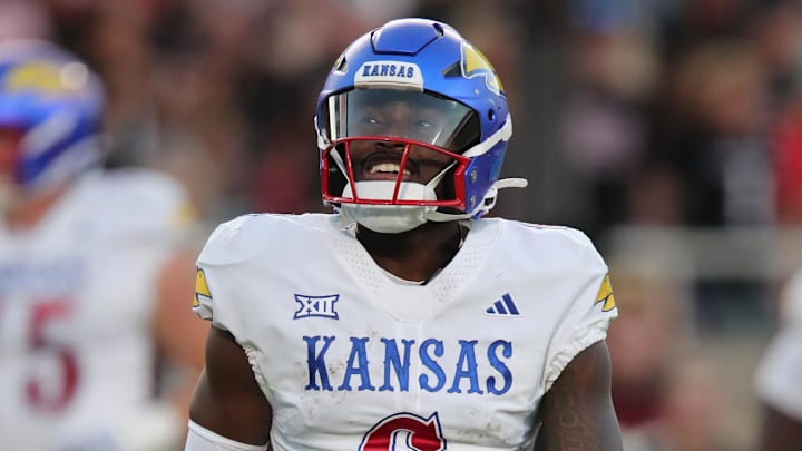 Oct 11, 2025; Lubbock, Texas, USA;  Kansas Jayhawks quarterback Jalon Daniels (6) in the first half during the game against the Texas Tech Red Raiders at Jones AT&T Stadium. Mandatory Credit: Michael C. Johnson-Imagn Images