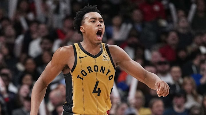 Dec 1, 2023; Toronto, Ontario, CAN; Toronto Raptors forward Scottie Barnes (4) reacts against the New York Knicks during the fourth quarter at Scotiabank Arena. Mandatory Credit: Nick Turchiaro-Imagn Images