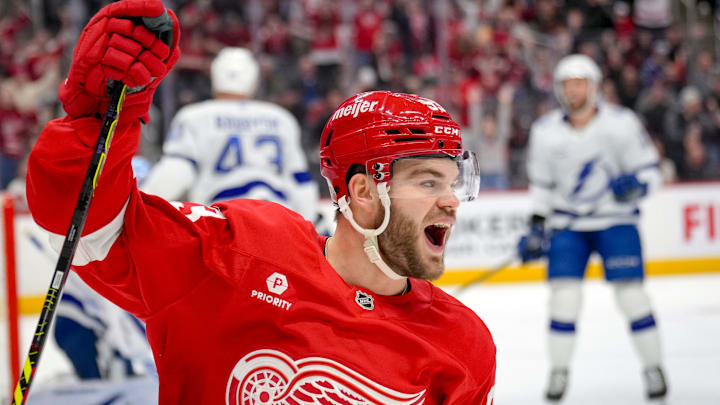 Detroit Red Wings forward Alex DeBrincat celebrates a goal against the Tampa Bay Lightning at Little Caesars Arena.