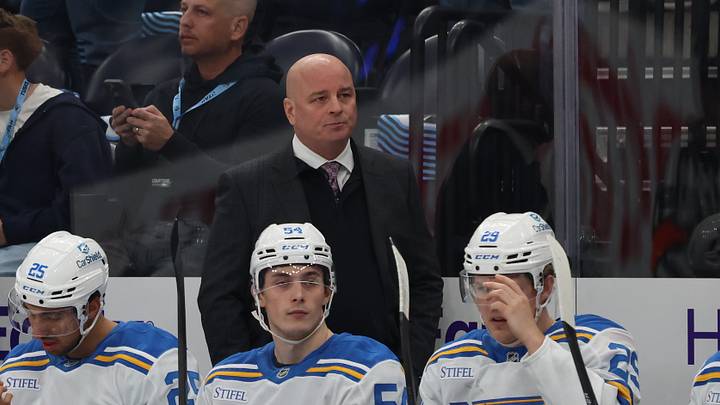 Apr 16, 2026; Salt Lake City, Utah, USA; St. Louis Blues head coach Jim Montgomery looks on during the first period of a game against the Utah Mammoth at Delta Center. Mandatory Credit: Rob Gray-Imagn Images