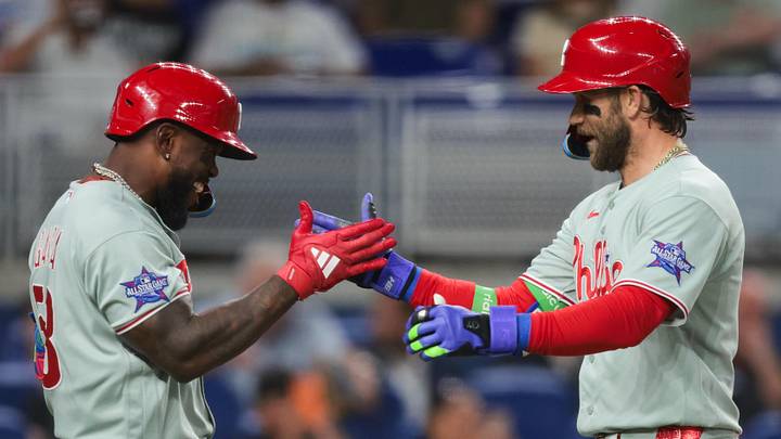 May 4, 2026; Miami, Florida, USA; Philadelphia Phillies first baseman Bryce Harper (3) celebrates with right fielder Adolis Garcia (53) after hitting a home run against the Miami Marlins during the third inning at loanDepot Park. 