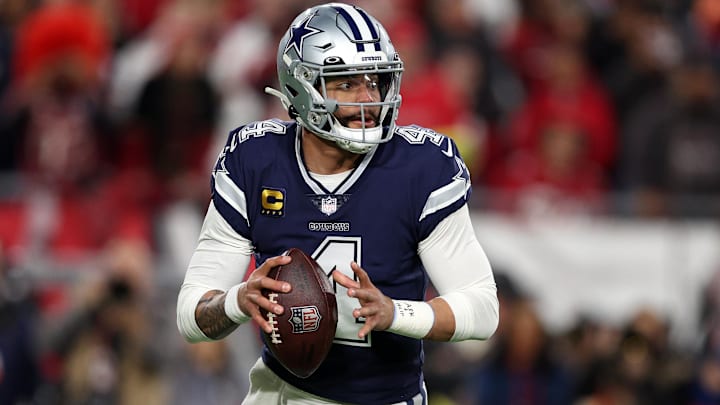 Jan 16, 2023; Tampa, Florida, USA; Dallas Cowboys quarterback Dak Prescott (4) drops back to pass
