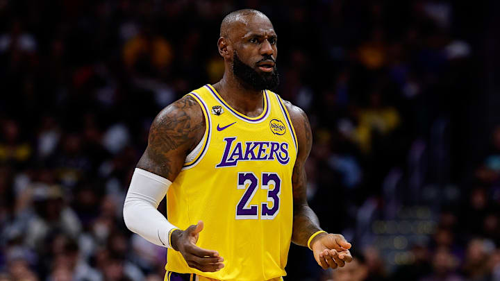Jan 20, 2026; Denver, Colorado, USA; Los Angeles Lakers forward LeBron James (23) reacts after a play in the first quarter against the Denver Nuggets at Ball Arena. Mandatory Credit: Isaiah J. Downing-Imagn Images