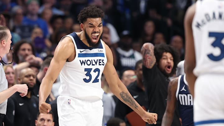 Karl-Anthony Towns reacts during a game against the Dallas Mavericks. Karl-Anthony Towns reacts during a game against the Dallas Mavericks.