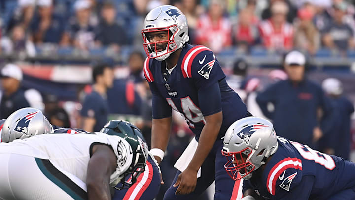 Aug 15, 2024; Foxborough, MA, USA; New England Patriots quarterback Jacoby Brissett (14) works under center during the first half against the Philadelphia Eagles at Gillette Stadium. Mandatory Credit: Eric Canha-USA TODAY Sports