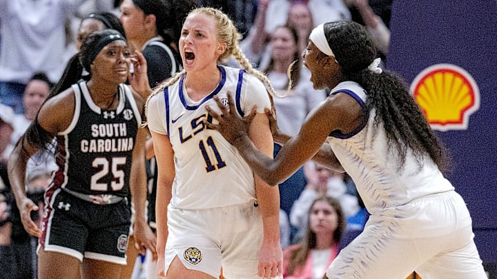 Jan 25, 2024; Baton Rouge, Louisiana, USA; LSU Lady Tigers guard Hailey Van Lith (11) celebrates a