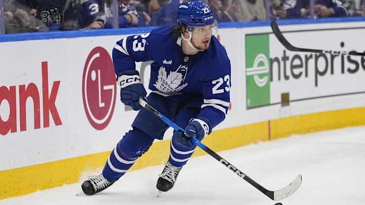 May 14, 2025; Toronto, Ontario, CAN; Toronto Maple Leafs forward Matthew Knies (23) carries the puck against the Florida Panthers during the first period of game five of the second round of the 2025 Stanley Cup Playoffs at Scotiabank Arena. Mandatory Credit: John E. Sokolowski-Imagn Images