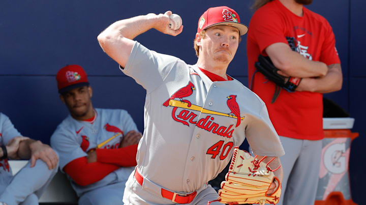 Feb 16, 2026; Jupiter, FL, USA;  St. Louis Cardinals pitcher Hunter Dobbins (40) throws a pitch during spring training workouts at Roger Dean Stadium. Mandatory Credit: Reinhold Matay-Imagn Images