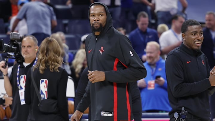 Oct 21, 2025; Oklahoma City, Oklahoma, USA; Houston Rockets forward Kevin Durant before the start of a game against the Oklahoma City Thunder at Paycom Center. Mandatory Credit: Alonzo Adams-Imagn Images