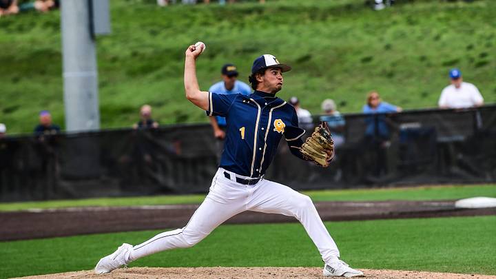 Greencastle-Antrim’s Cam Rakaczewski (1) pitches in relief during PIAA 5A action against West Chester Rustin at Cooper Park at Millersville University in Millersville, Pennsylvania on Monday, June 8, 2026. The sophomore gave up zero runs to lead an 11-5 win.