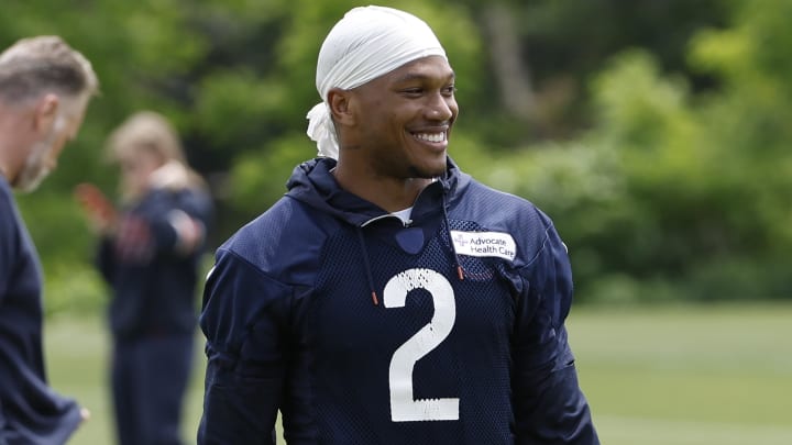 DJ Moore is all smiles at practice and should be after receiving a reported four-year contract extension for $110 million. DJ Moore is all smiles at practice and should be after receiving a reported four-year contract extension for $110 million.