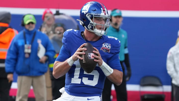 East Rutherford, NJ -- November 24, 2024 -- Tommy DeVito of the Giants in the first half as the Tampa Bay Buccaneers came to MetLife Stadium to play the New York Giants.